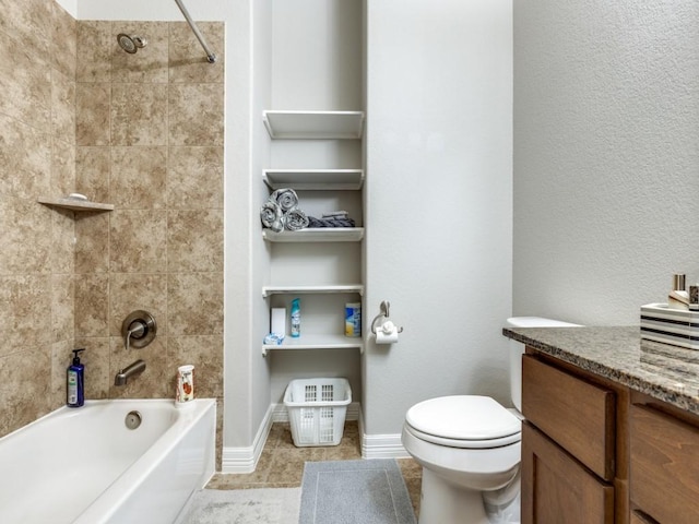 full bath with washtub / shower combination, vanity, baseboards, tile patterned flooring, and toilet