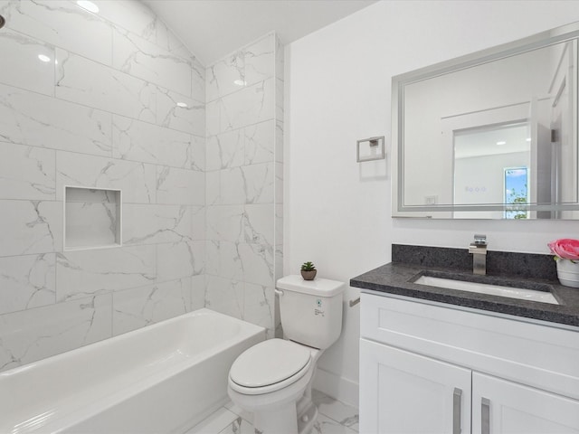 bathroom with shower / bathing tub combination, toilet, marble finish floor, and vanity