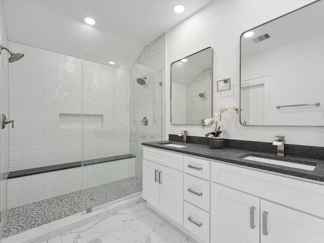 full bathroom with a sink, visible vents, recessed lighting, and marble finish floor
