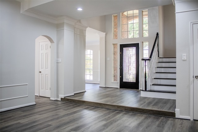 3222 Serene Oak Dr, Sugar Land, TX 77478 - entrance foyer with wood finished floors, stairs, baseboards, recessed lighting, and ornamental molding