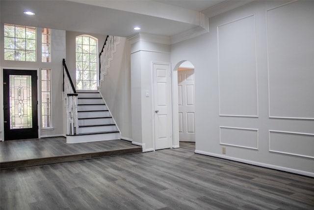 3222 Serene Oak Dr, Sugar Land, TX 77478 - foyer entrance featuring wood finished floors, stairway, baseboards, recessed lighting, and crown molding