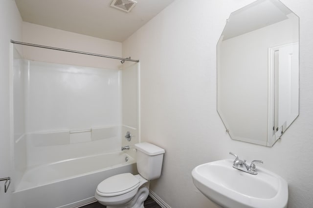 full bath featuring shower / bath combination, visible vents, a sink, and toilet
