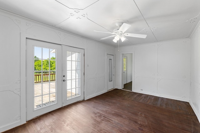 interior space featuring crown molding, french doors, a ceiling fan, and wood finished floors