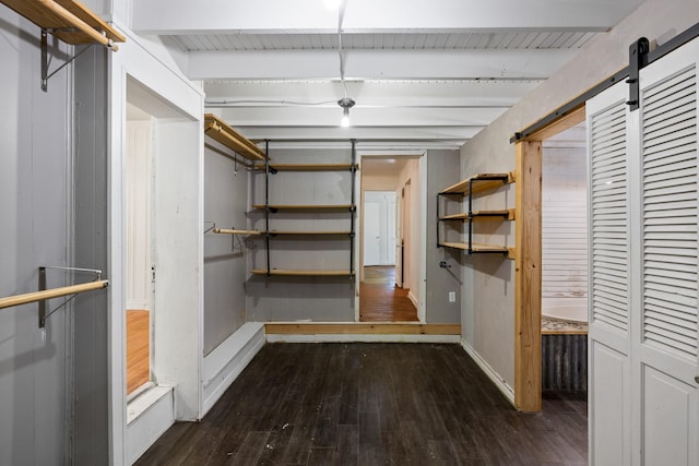 walk in closet featuring a barn door and dark wood finished floors