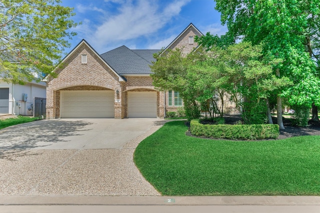 view of front of house featuring driveway, an attached garage, brick siding, a front yard, and roof with shingles
