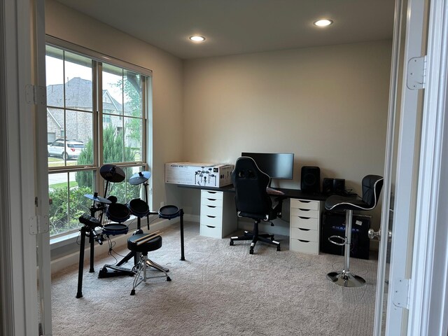 carpeted home office featuring recessed lighting