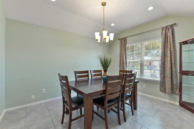 dining space featuring light tile patterned flooring, baseboards, lofted ceiling, a notable chandelier, and recessed lighting