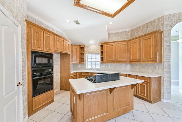 kitchen with open shelves, light countertops, light tile patterned floors, and black appliances