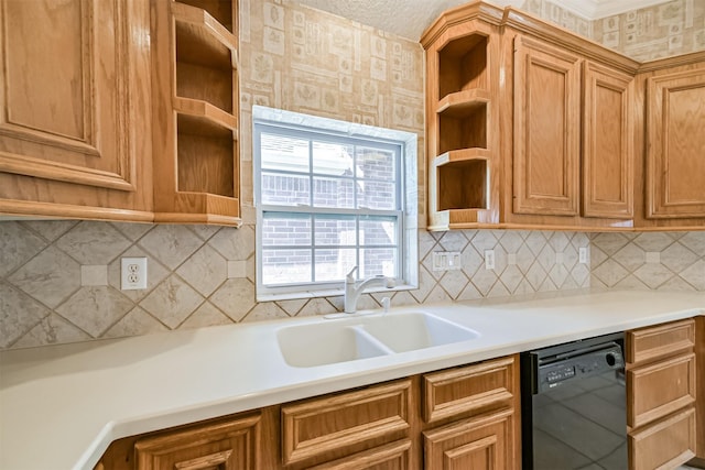 kitchen with a sink, tasteful backsplash, black dishwasher, open shelves, and light countertops