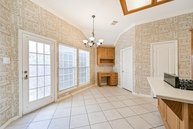 interior space with wallpapered walls, visible vents, ornamental molding, light tile patterned flooring, and a notable chandelier