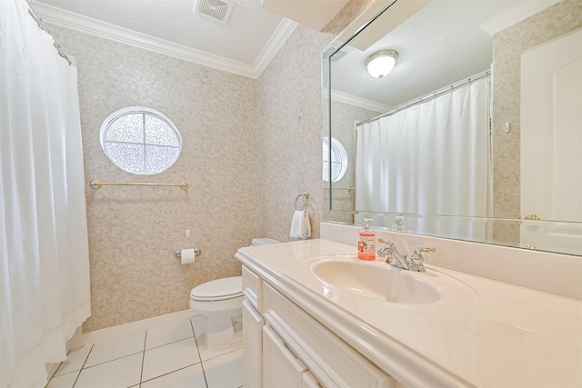 bathroom featuring crown molding, wallpapered walls, toilet, tile patterned flooring, and visible vents