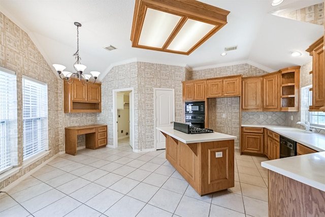 kitchen with open shelves, black appliances, a chandelier, lofted ceiling, and visible vents