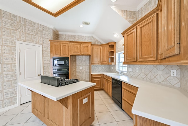 kitchen with black appliances, lofted ceiling, light tile patterned flooring, and open shelves