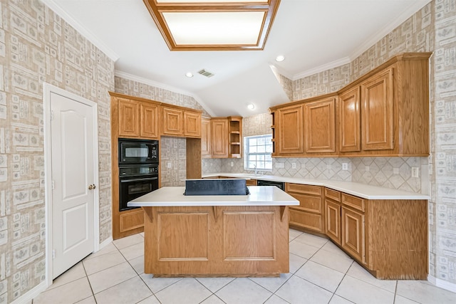 kitchen with open shelves, light countertops, visible vents, and black appliances