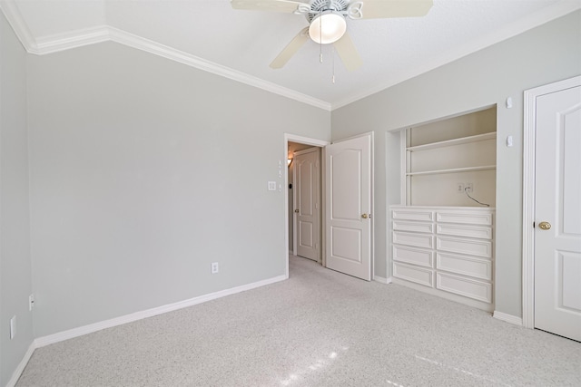 unfurnished bedroom featuring crown molding, baseboards, and a ceiling fan