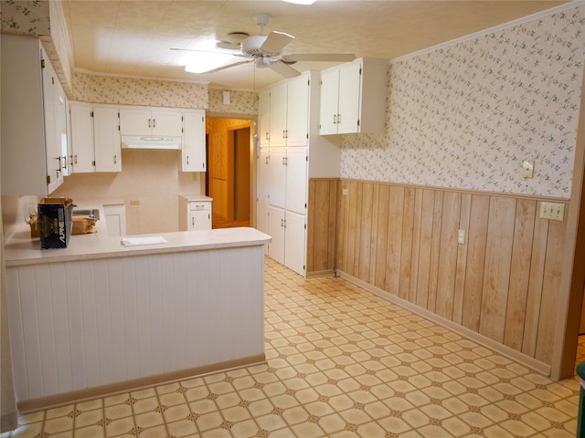 kitchen with a peninsula, a ceiling fan, under cabinet range hood, wainscoting, and light floors