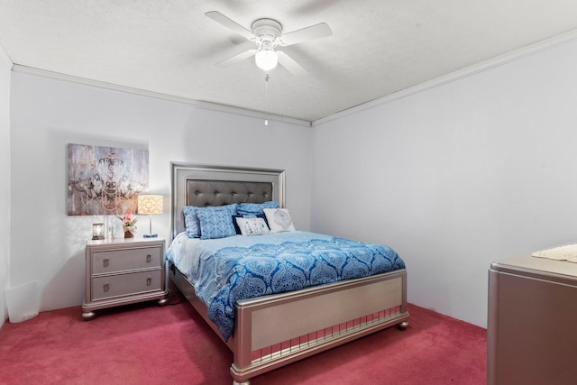 carpeted bedroom featuring ornamental molding and a ceiling fan