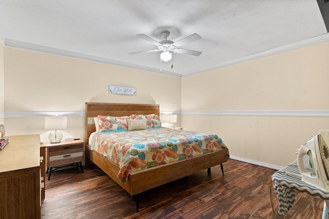 bedroom featuring baseboards, crown molding, a ceiling fan, and dark wood finished floors