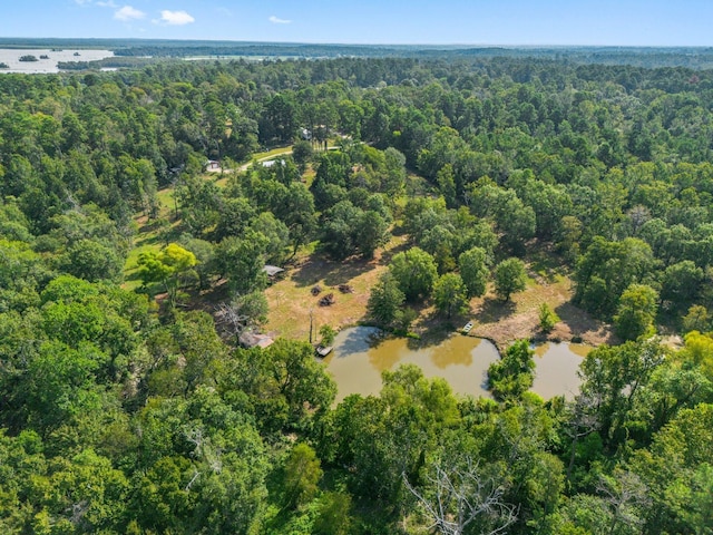 birds eye view of property featuring a wooded view and a water view