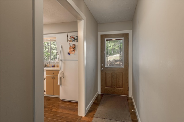301 Chestnut Bnd, Huntsville, TX 77320 - doorway to outside with baseboards, a textured ceiling, and dark wood-style floors