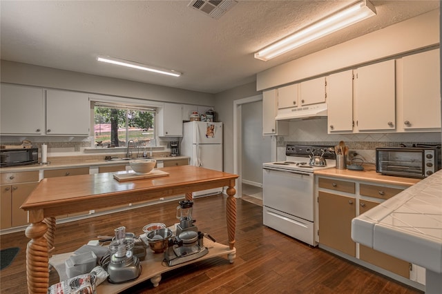 301 Chestnut Bnd, Huntsville, TX 77320 - kitchen with a toaster, under cabinet range hood, visible vents, a sink, and white appliances