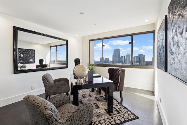 office featuring a city view, baseboards, and hardwood / wood-style floors