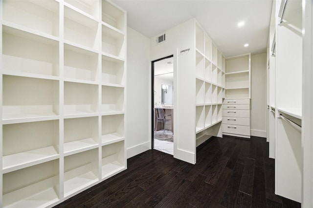walk in closet featuring visible vents and dark wood-style floors