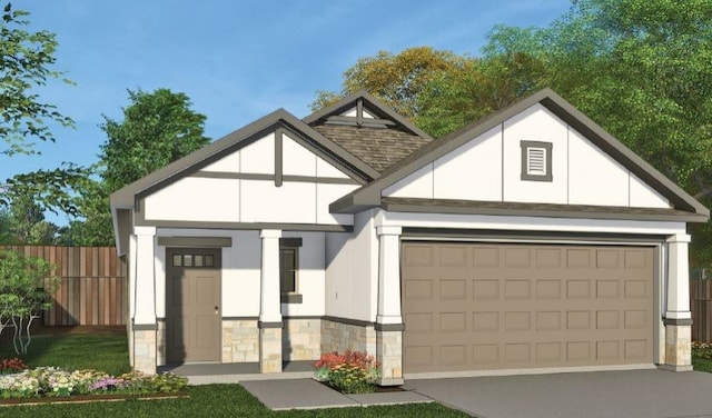 view of front facade featuring driveway, stone siding, an attached garage, fence, and a shingled roof