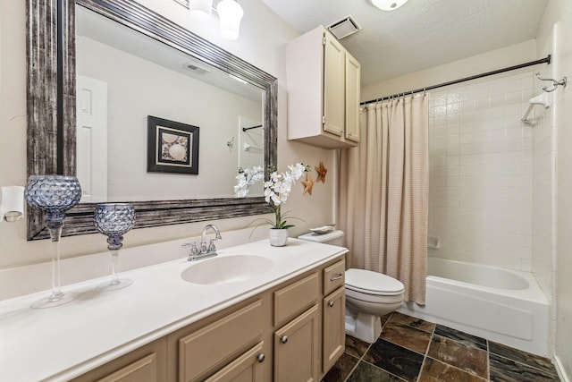bathroom with visible vents, shower / bath combination with curtain, toilet, vanity, and stone tile floors