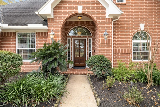 view of exterior entry with roof with shingles and brick siding