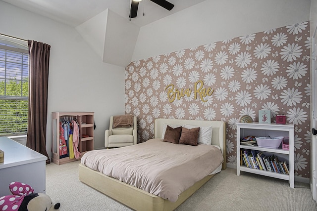 17939 Channel Hill Dr, Cypress, TX 77433 - bedroom featuring carpet floors, ceiling fan, vaulted ceiling, and wallpapered walls