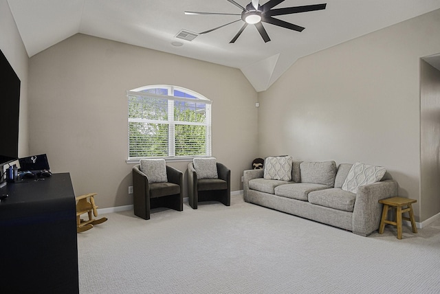 17939 Channel Hill Dr, Cypress, TX 77433 - living room featuring carpet, visible vents, vaulted ceiling, and a ceiling fan