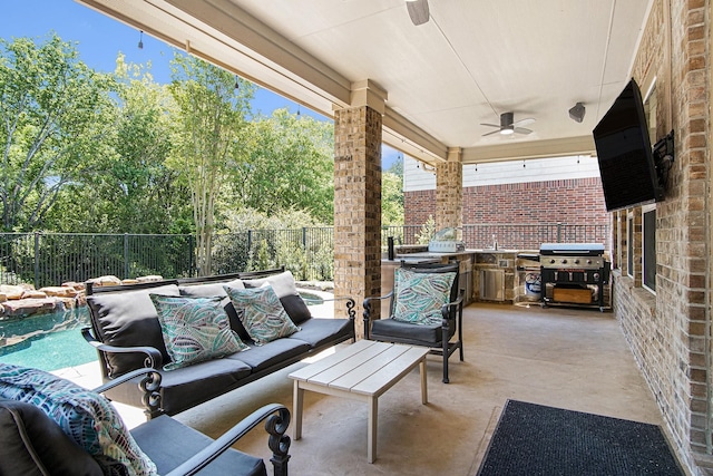 17939 Channel Hill Dr, Cypress, TX 77433 - view of patio / terrace featuring exterior kitchen, outdoor lounge area, a ceiling fan, area for grilling, and a fenced backyard