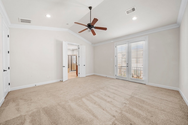 unfurnished bedroom featuring ornamental molding, visible vents, and light colored carpet