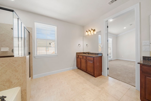 full bath featuring a wealth of natural light, tiled shower, vanity, and visible vents