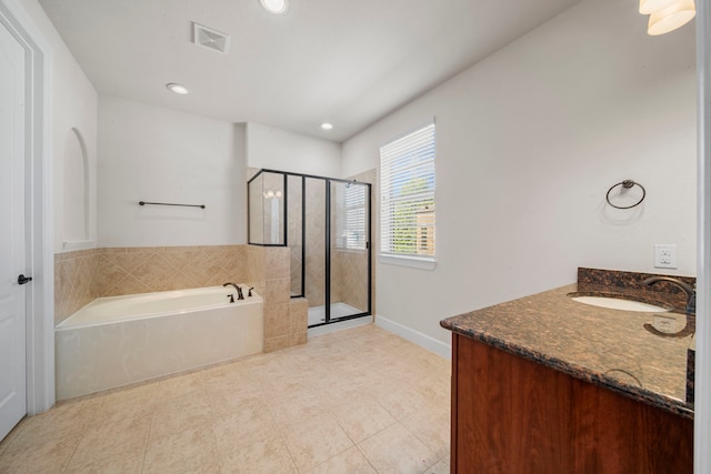 full bath with visible vents, a bath, vanity, tile patterned flooring, and a stall shower