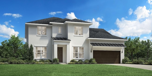 view of front of house with driveway, an attached garage, a front yard, a standing seam roof, and metal roof