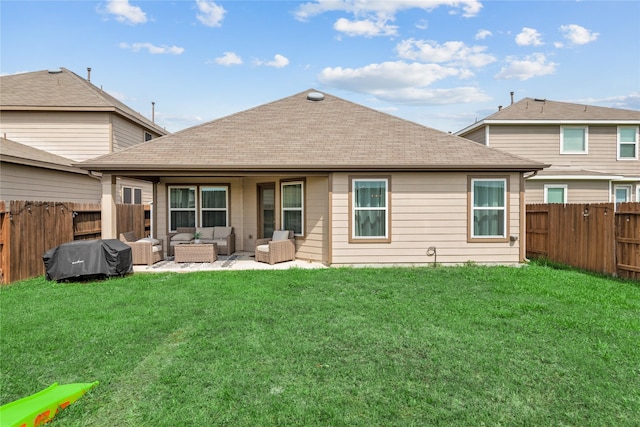 back of house with a fenced backyard, a lawn, a shingled roof, and an outdoor living space