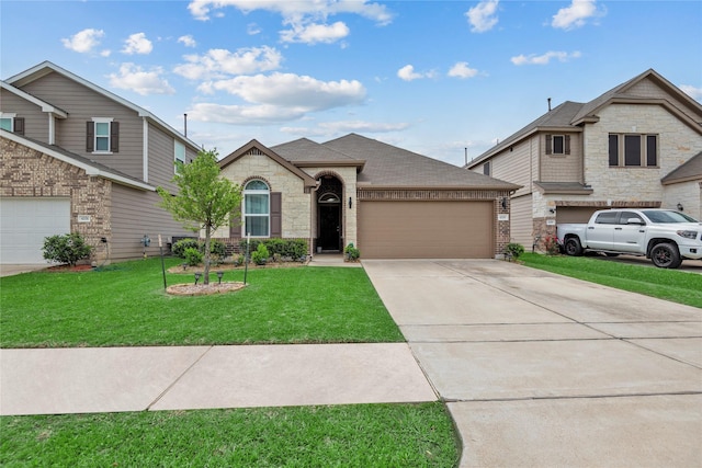view of front of property with a shingled roof, a front lawn, brick siding, a garage, and concrete driveway