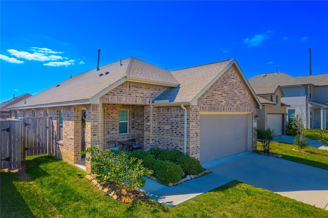 view of front of home with an attached garage, a front yard, fence, and brick siding