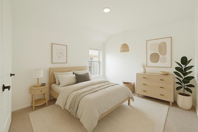 bedroom featuring light carpet, baseboards, and vaulted ceiling