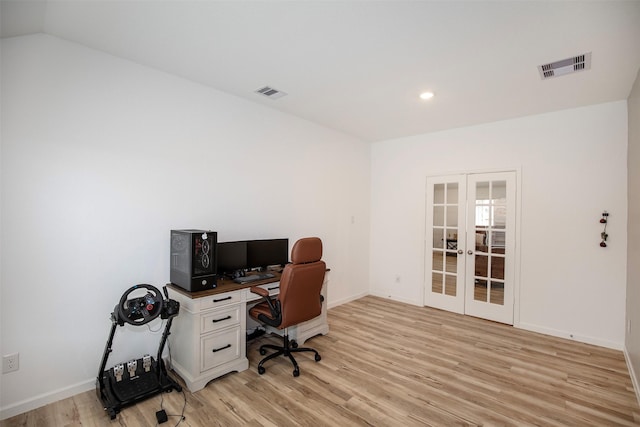 4411 Aspen Colony Ln, Baytown, TX 77521 - office space featuring light wood-type flooring, visible vents, baseboards, and french doors