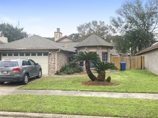 view of front of home featuring fence, brick siding, an attached garage, a shingled roof, and a front yard
