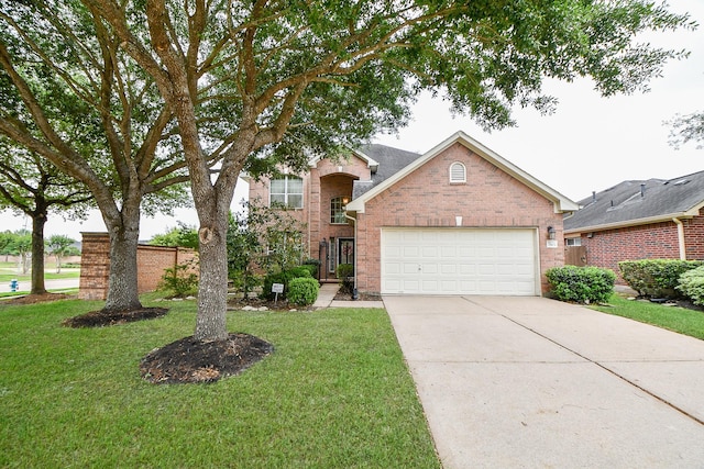 traditional-style house featuring an attached garage, driveway, brick siding, and a front yard