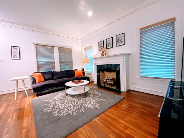 1964 Norfolk St, Houston, TX 77098 - living area with wood finished floors, a premium fireplace, baseboards, plenty of natural light, and ornamental molding