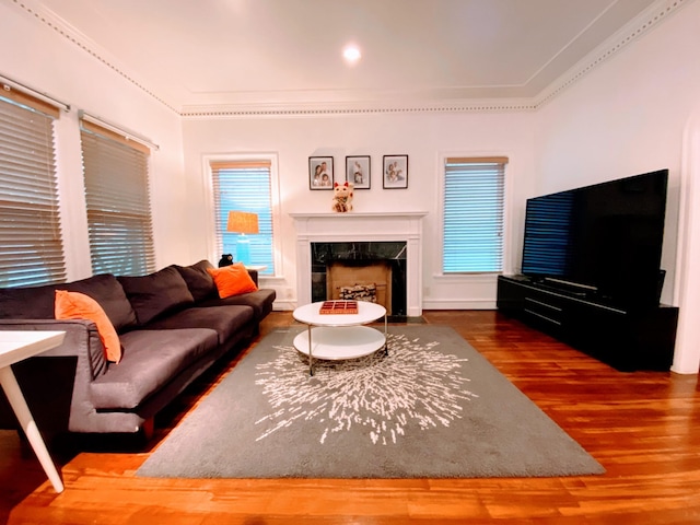1964 Norfolk St, Houston, TX 77098 - living room featuring wood finished floors, a fireplace, ornamental molding, and baseboards