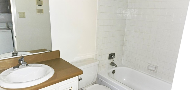 full bath with bathing tub / shower combination, vanity, visible vents, and toilet