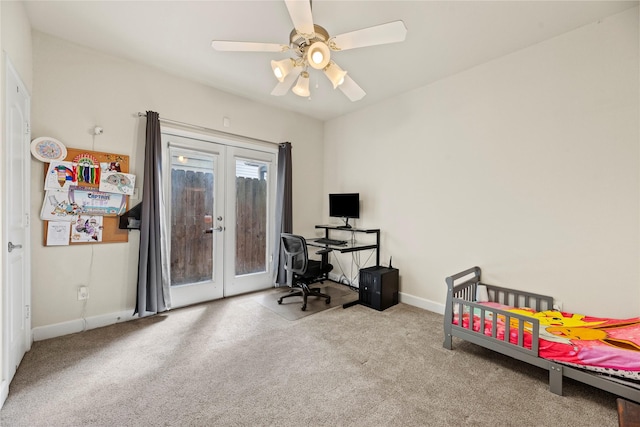 5329 Kansas St, Houston, TX 77007 - home office with french doors, baseboards, ceiling fan, and carpet