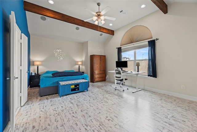 5329 Kansas St, Houston, TX 77007 - bedroom with baseboards, lofted ceiling with beams, recessed lighting, visible vents, and wood finished floors