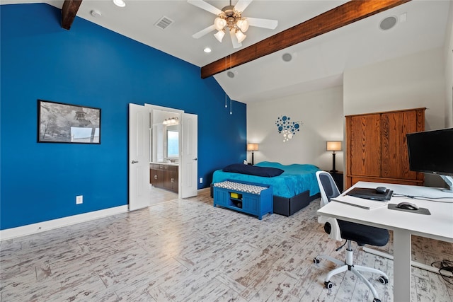 5329 Kansas St, Houston, TX 77007 - bedroom with baseboards, lofted ceiling with beams, visible vents, and recessed lighting